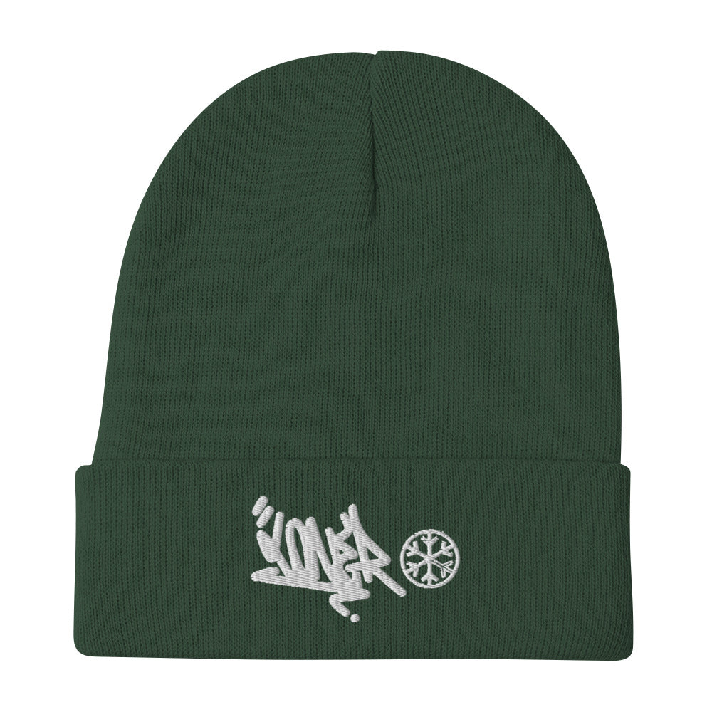 Green-Loner Graffiti Tag Beanie from B.Different Clothing, flat view, graffiti-inspired streetwear