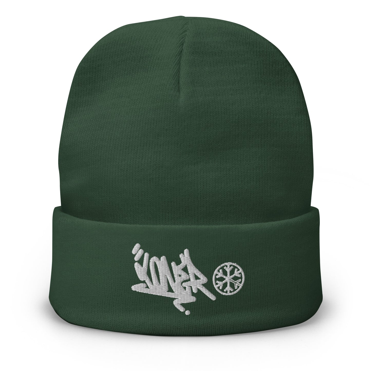 Green-Loner Graffiti Tag Beanie from B.Different Clothing, front view, graffiti-inspired streetwear