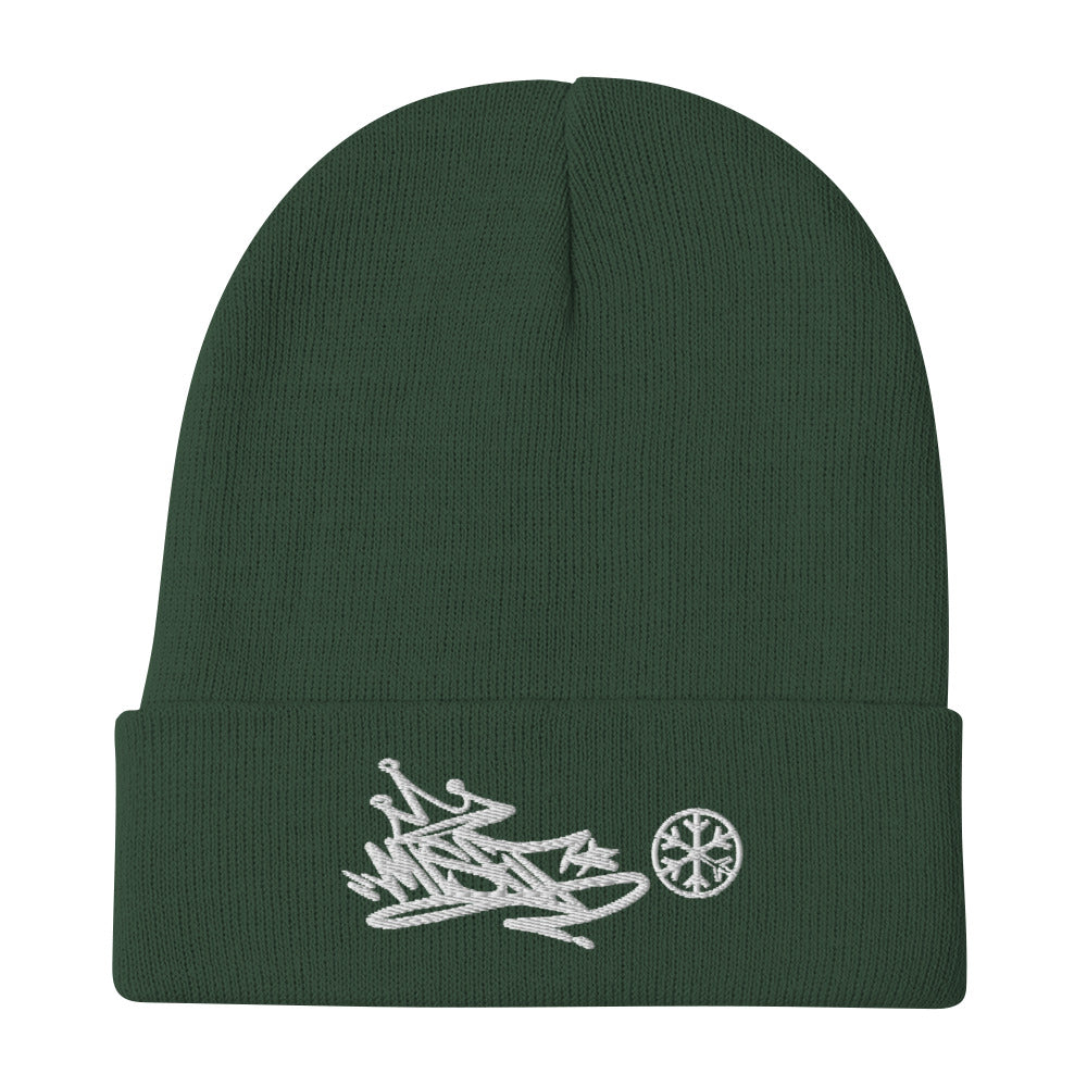 Green-Misfit Graffiti Tag Beanie from B.Different Clothing, flat view, graffiti-inspired streetwear