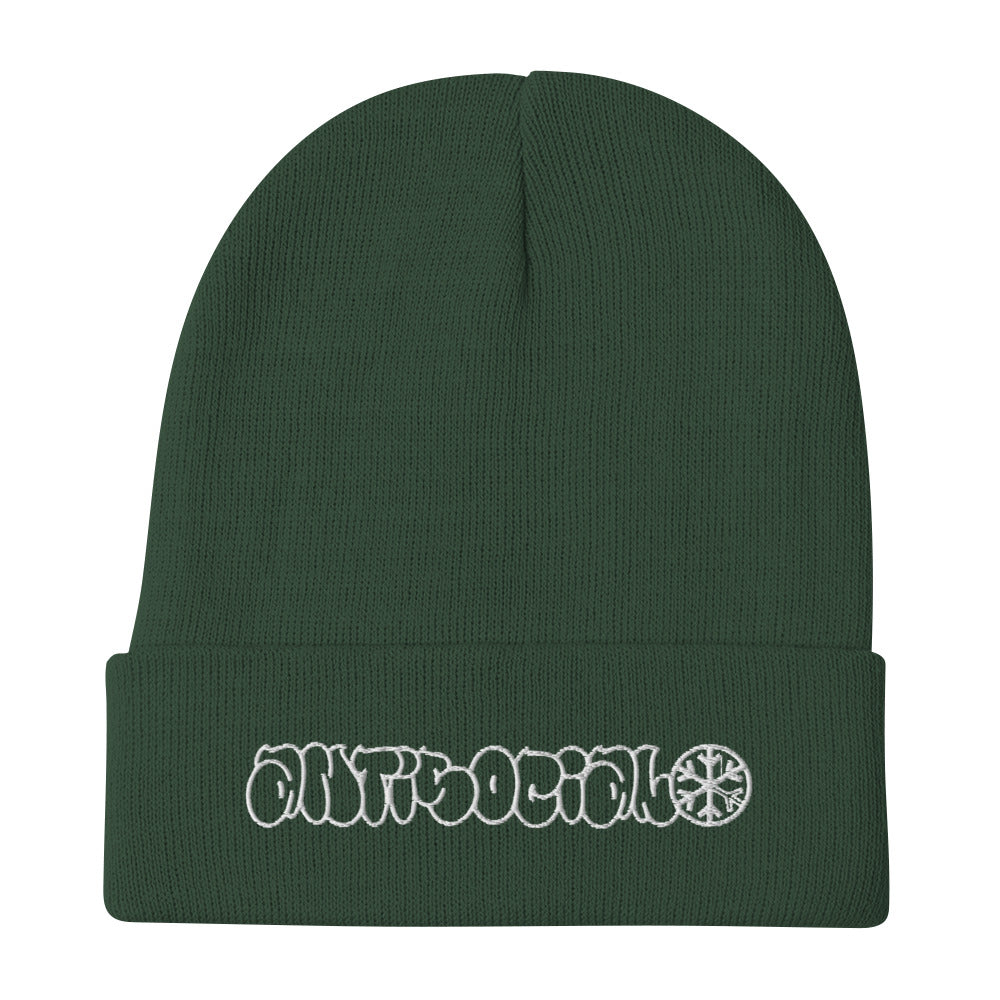 Green-Antisocial Graffiti Hollow Beanie Hat from B.Different Clothing, flat view, graffiti-inspired streetwear