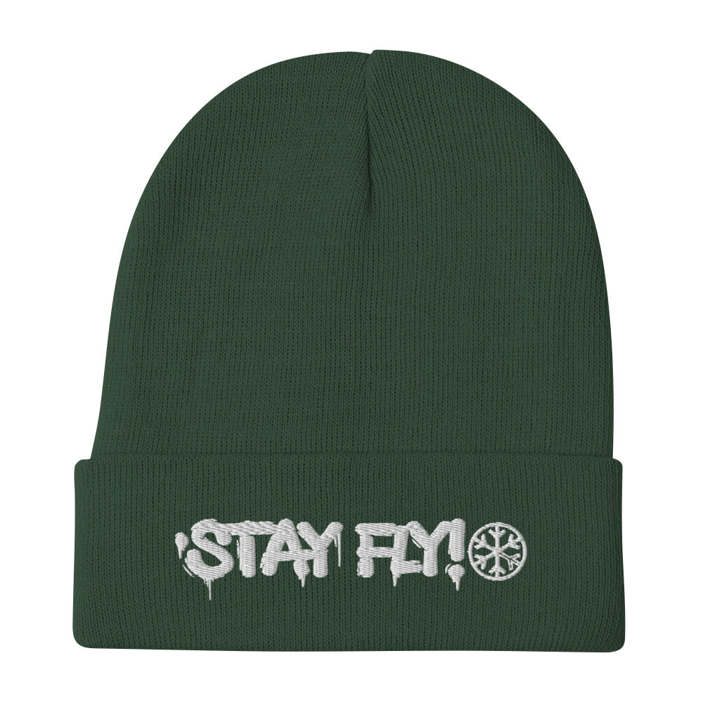 Green-Stay Fly Graffiti Tag Beanie Hat from B.Different Clothing, flat view, graffiti-inspired streetwear