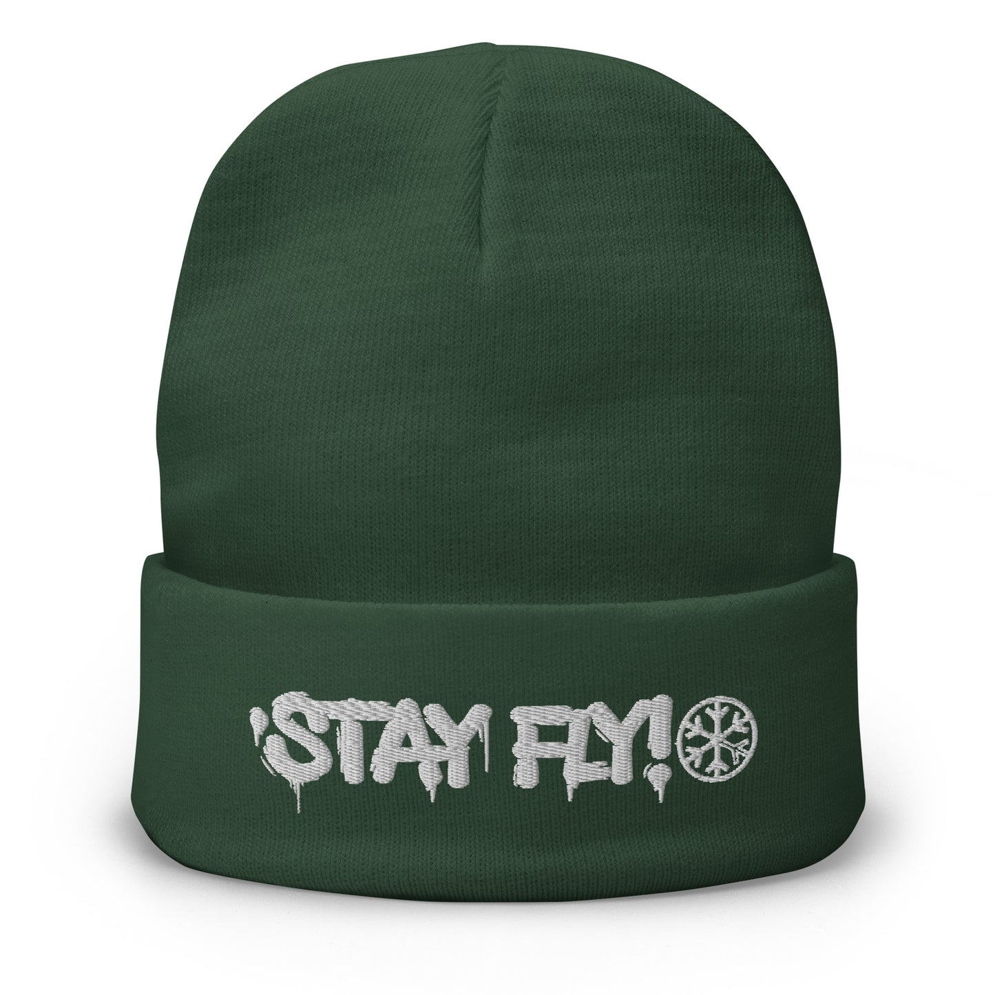 Green-Stay Fly Graffiti Tag Beanie Hat from B.Different Clothing, front view, graffiti-inspired streetwear
