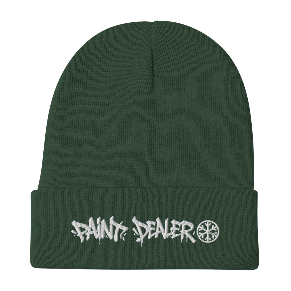 Green-Paint Dealer Graffiti Tag Beanie Hat from B.Different Clothing, flat view, graffiti-inspired streetwear