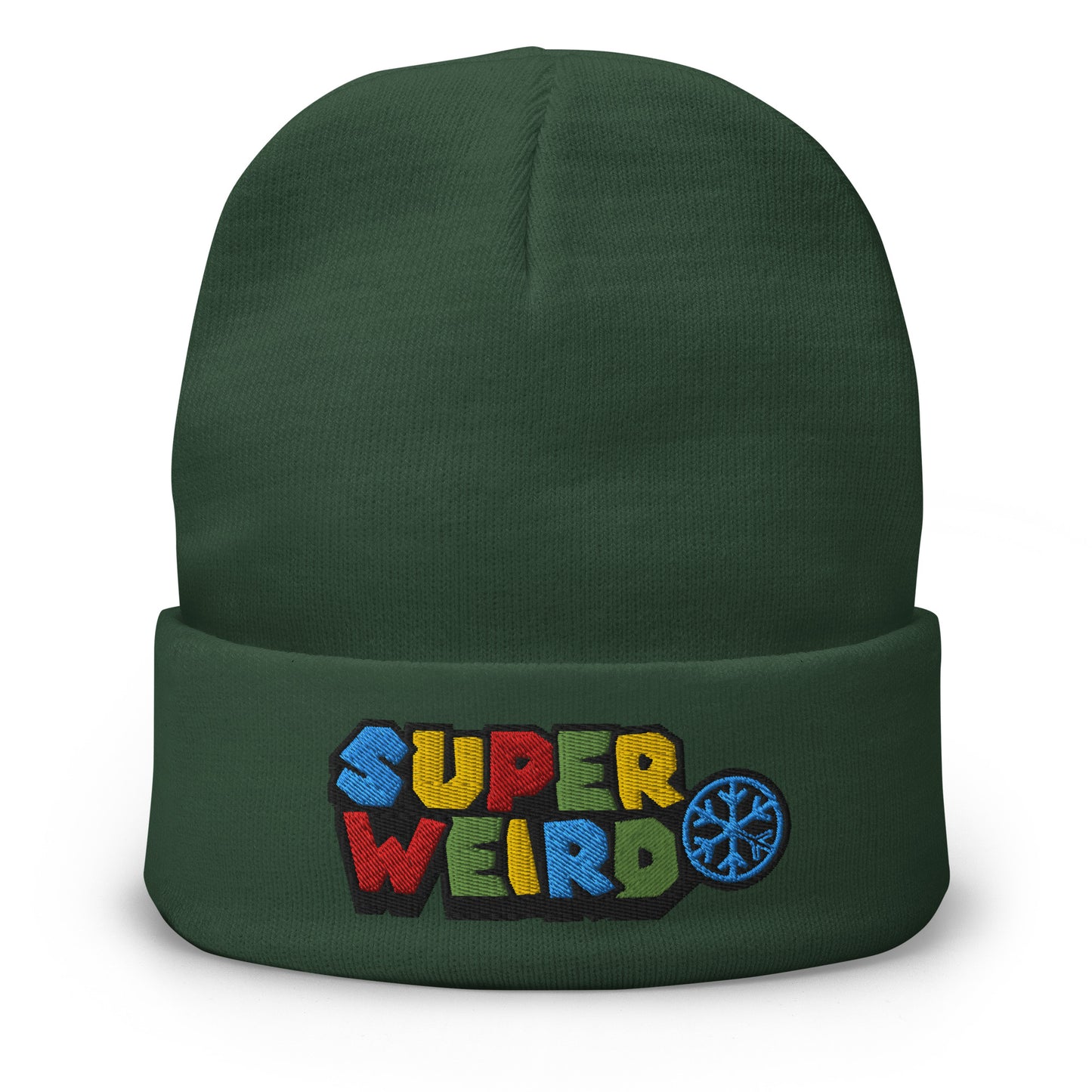 Green-Super Weird Beanie Hat from B.Different Clothing, front view, graffiti-inspired streetwear