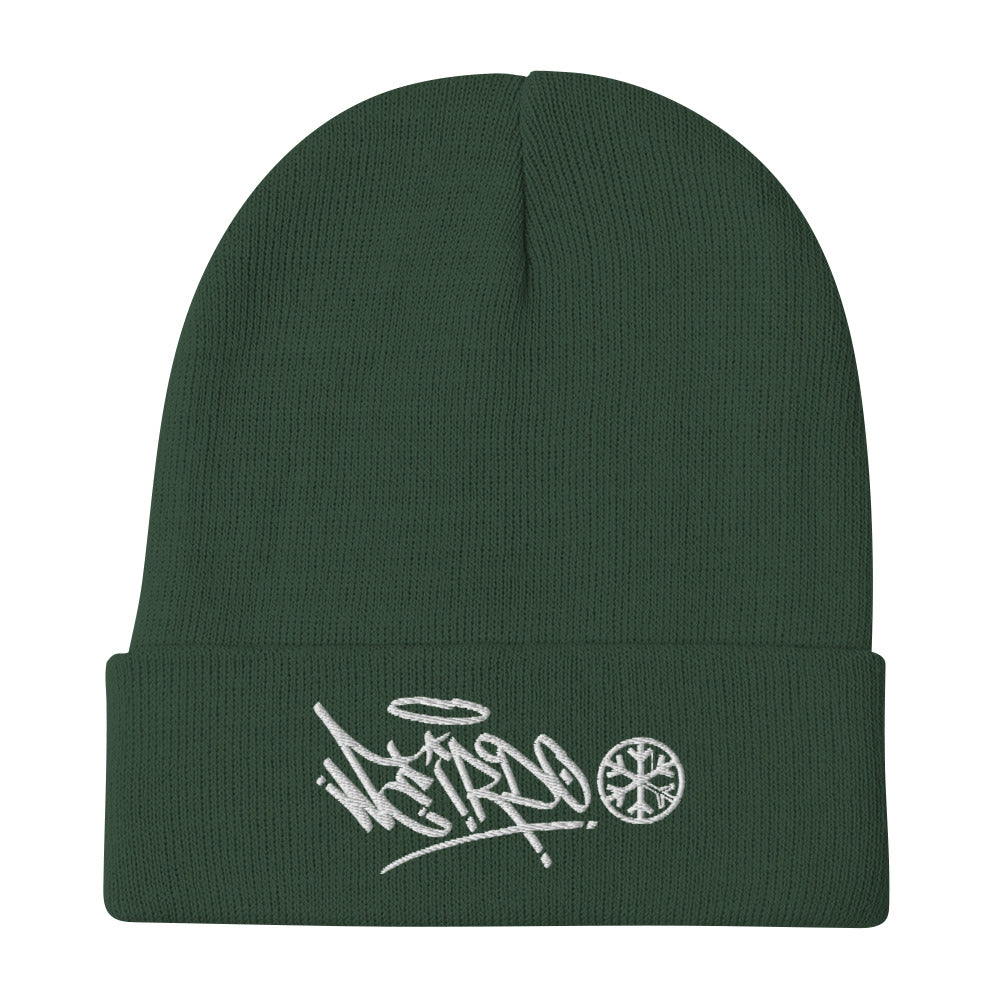 Green-Weirdo Graffiti Tag Beanie Hat from B.Different Clothing, flat view, graffiti-inspired streetwear