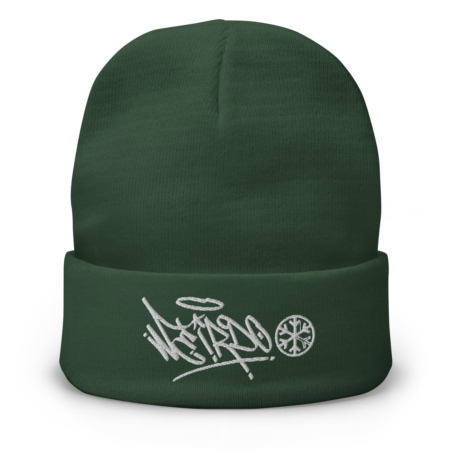 Green-Weirdo Graffiti Tag Beanie Hat from B.Different Clothing, front view, graffiti-inspired streetwear
