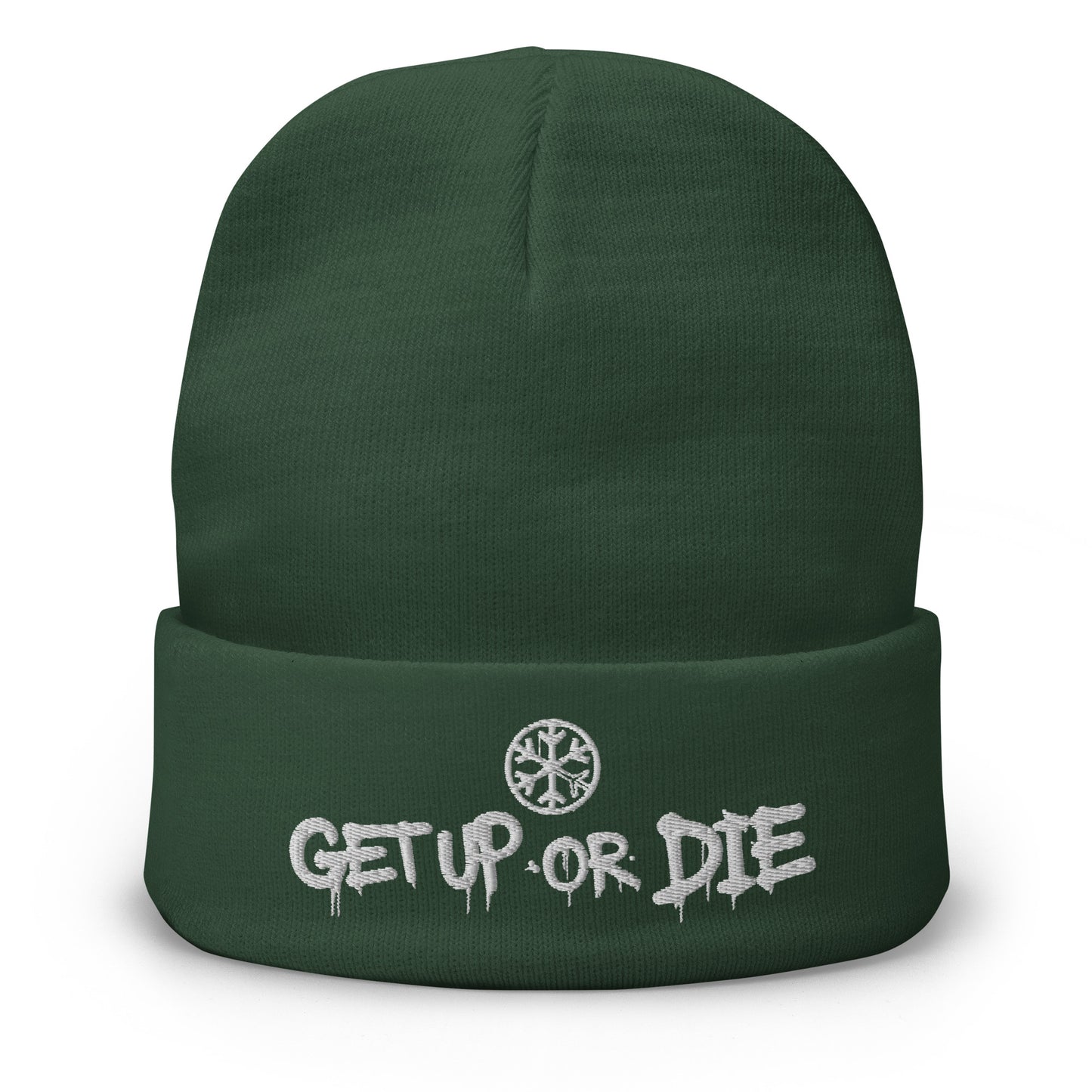 Green-Get Up or Die Graffiti Beanie Hat from B.Different Clothing, front view, graffiti-inspired streetwear
