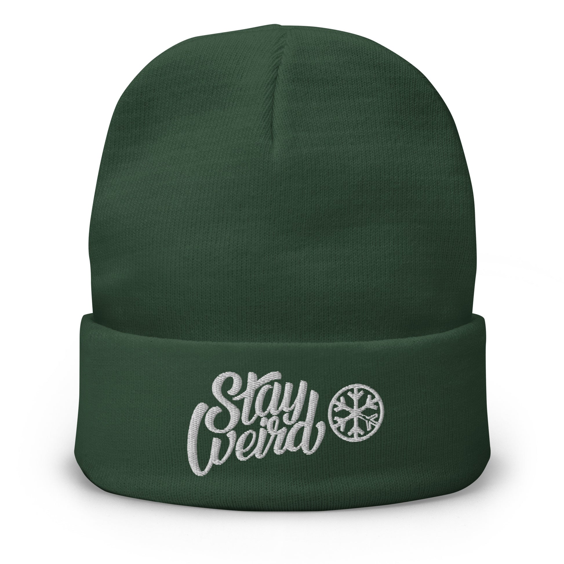 Green-Stay Weird Beanie Hat from B.Different Clothing, front view, graffiti-inspired streetwear
