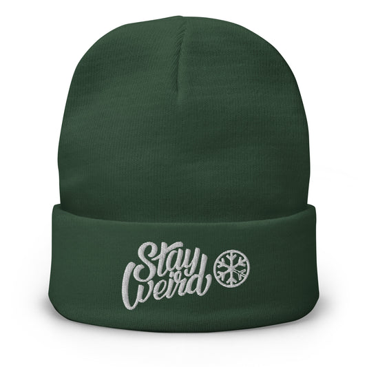 Green-Stay Weird Beanie Hat from B.Different Clothing, front view, graffiti-inspired streetwear