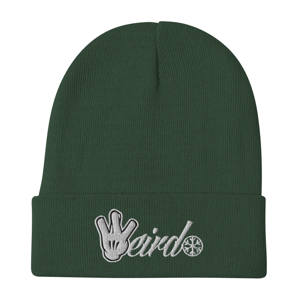 Green-Weirdo Hand Sign Beanie Hat from B.Different Clothing, flat view, graffiti-inspired streetwear