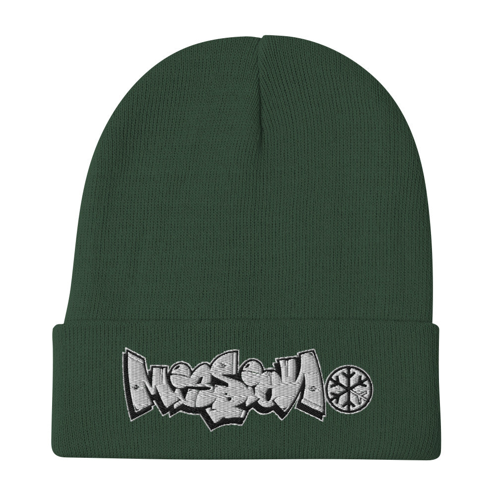 Green-Mission Graffiti Piece Beanie Hat from B.Different Clothing, flat view, graffiti-inspired streetwear
