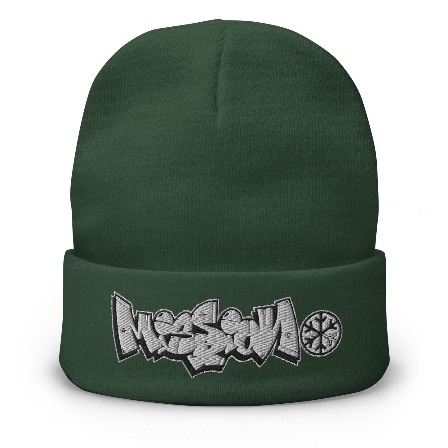 Green-Mission Graffiti Piece Beanie Hat from B.Different Clothing, front view, graffiti-inspired streetwear