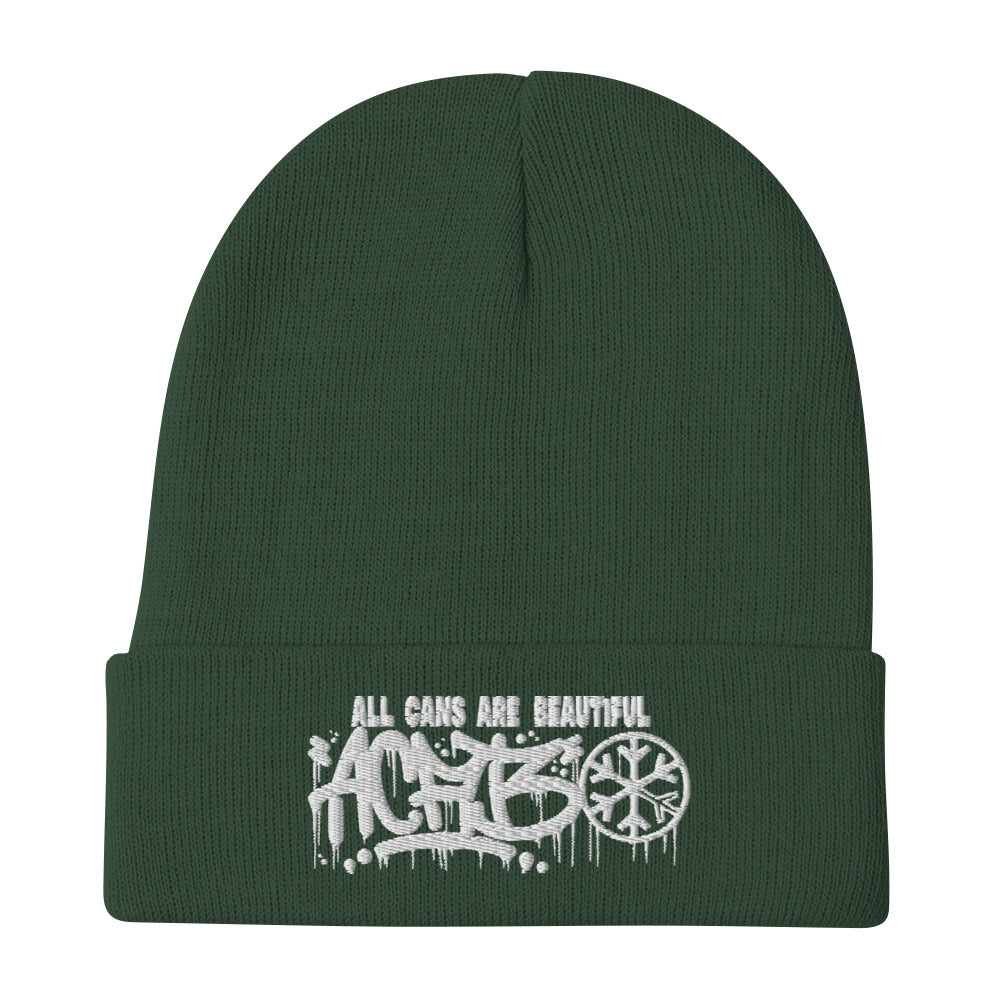 Green-ACAB Graffiti Tag Beanie Hat from B.Different Clothing, flat view, graffiti-inspired streetwear