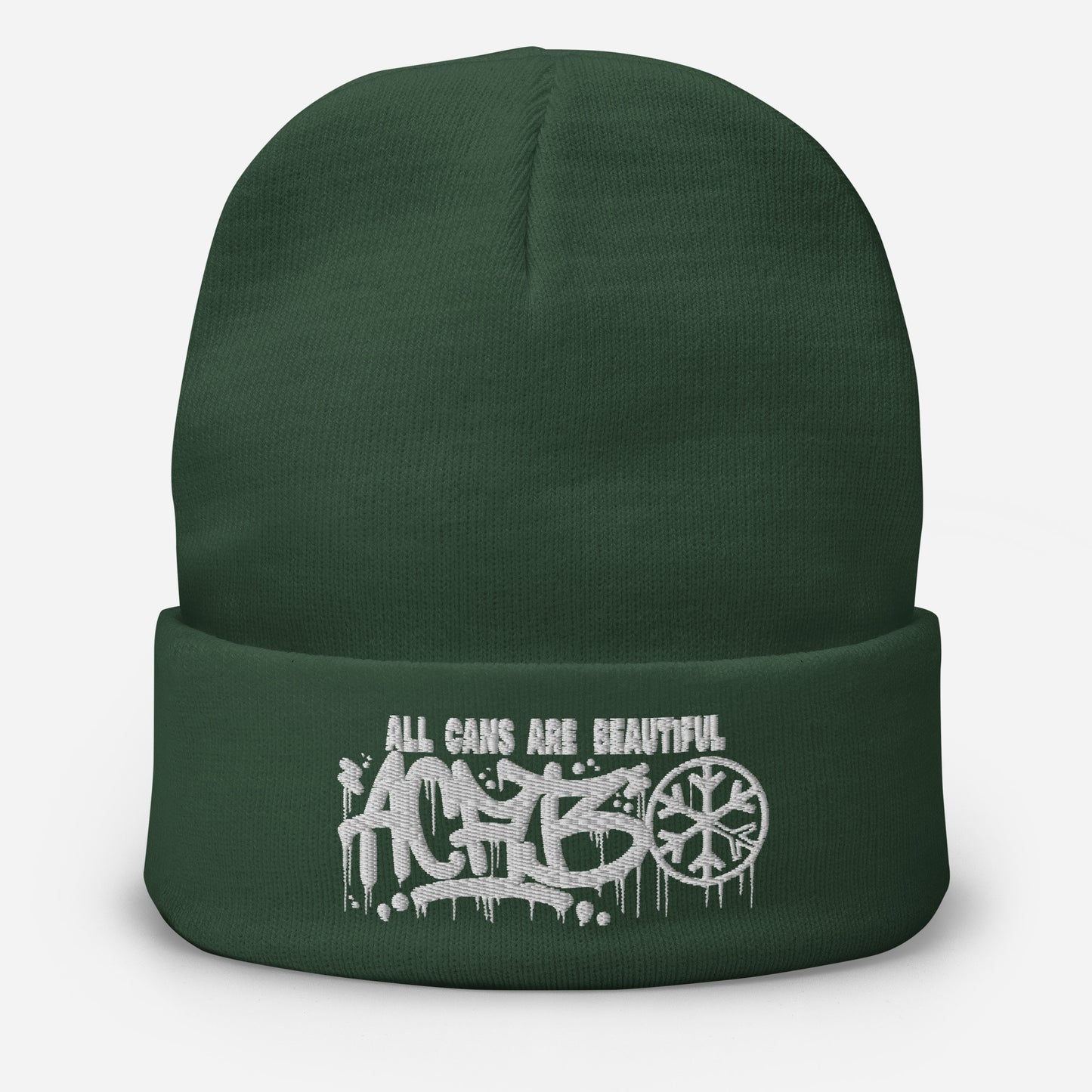 Green-ACAB Graffiti Tag Beanie Hat from B.Different Clothing, front view, graffiti-inspired streetwear