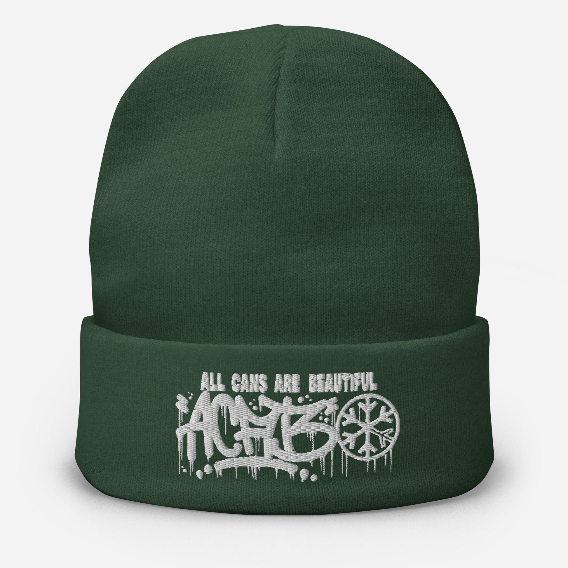 Green-ACAB Graffiti Tag Beanie Hat from B.Different Clothing, front view, graffiti-inspired streetwear