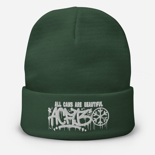 Green-ACAB Graffiti Tag Beanie Hat from B.Different Clothing, front view, graffiti-inspired streetwear