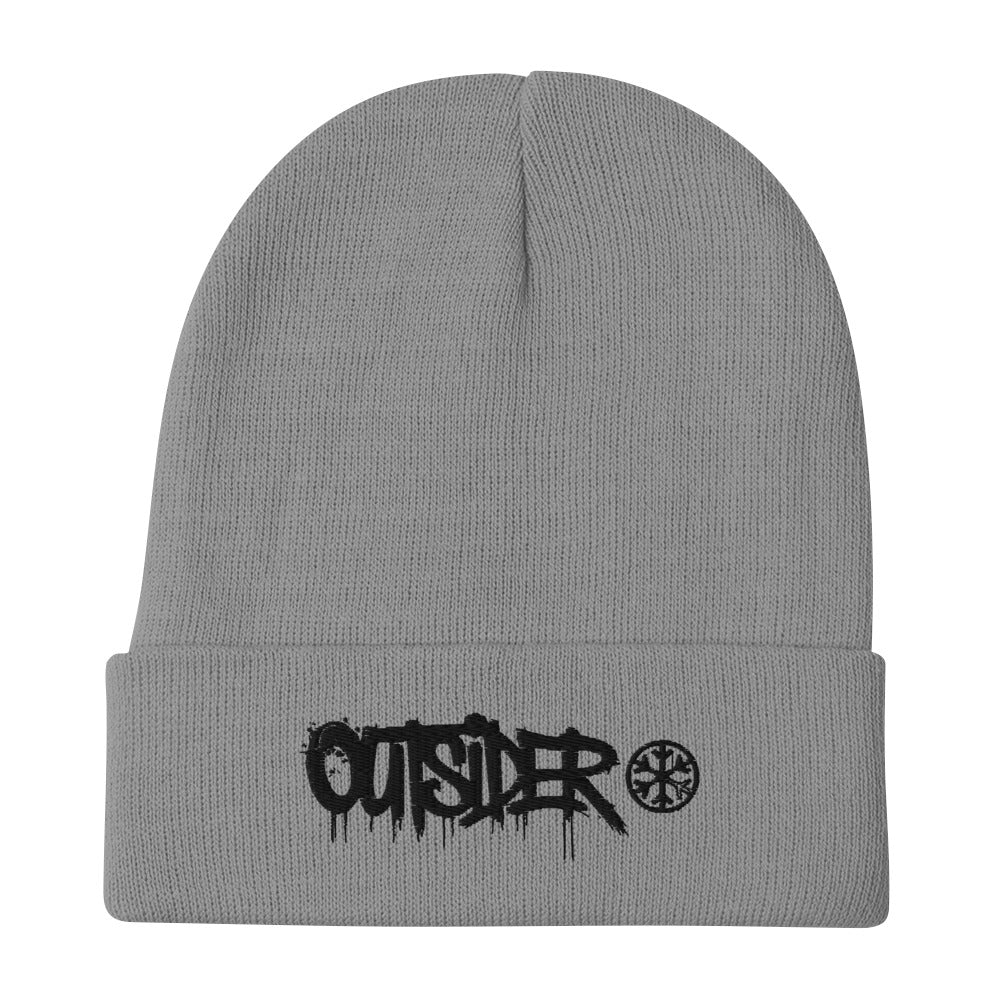 Gray-Outsider Graffiti Tag Beanie Hat from B.Different Clothing, flat view, graffiti-inspired streetwear