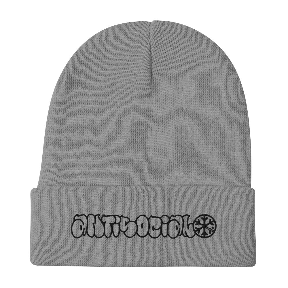 Gray-Antisocial Graffiti Hollow Beanie Hat from B.Different Clothing, flat view, graffiti-inspired streetwear