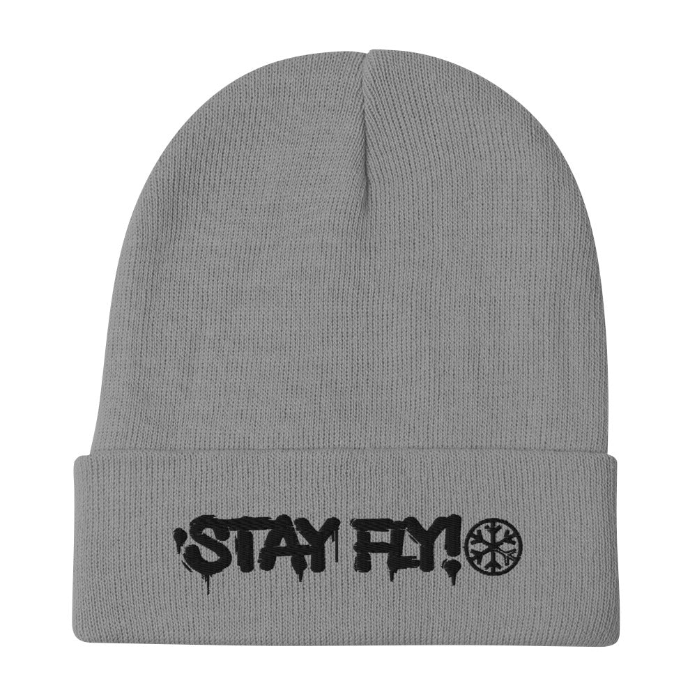Gray-Stay Fly Graffiti Tag Beanie Hat from B.Different Clothing, flat view, graffiti-inspired streetwear