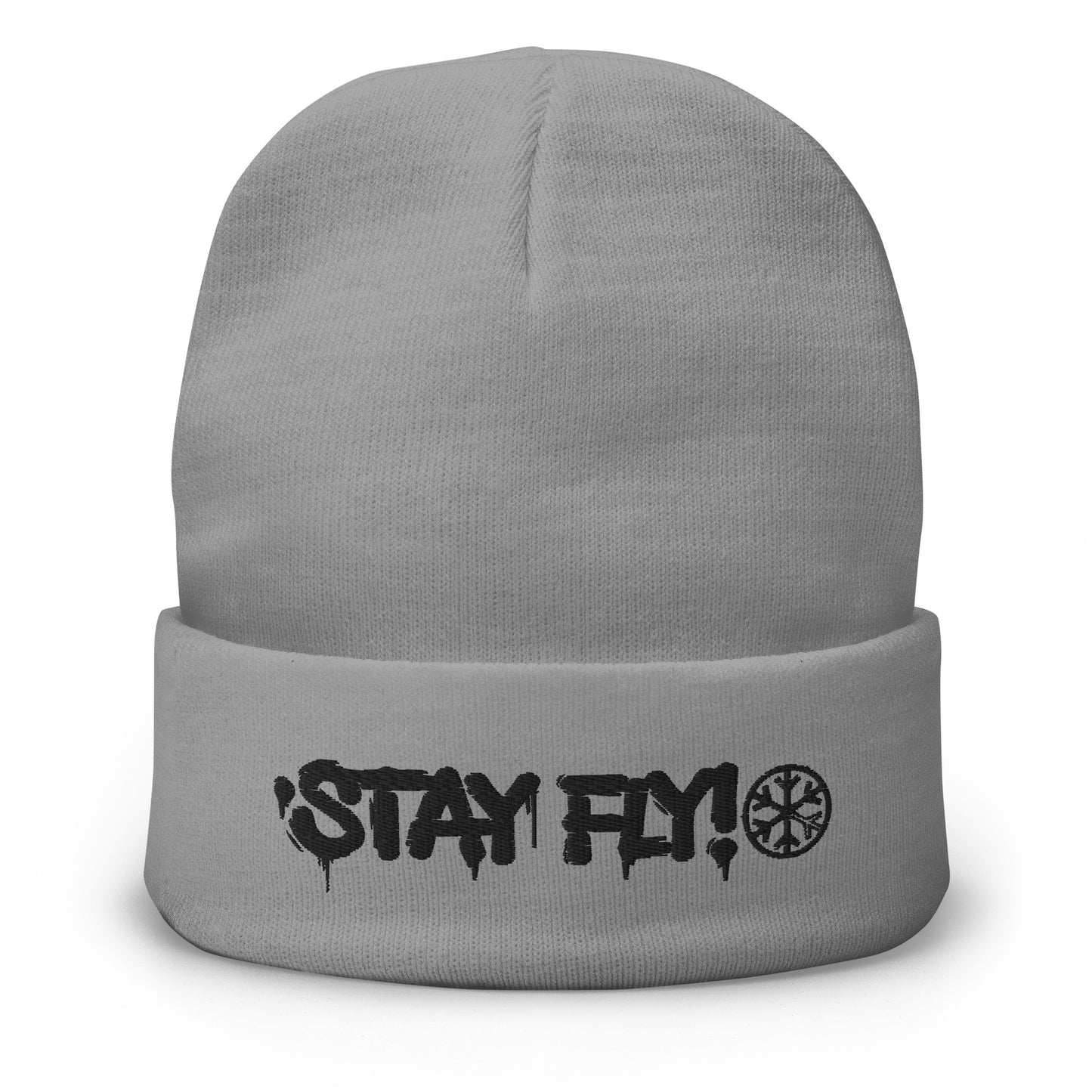 Gray-Stay Fly Graffiti Tag Beanie Hat from B.Different Clothing, front view, graffiti-inspired streetwear