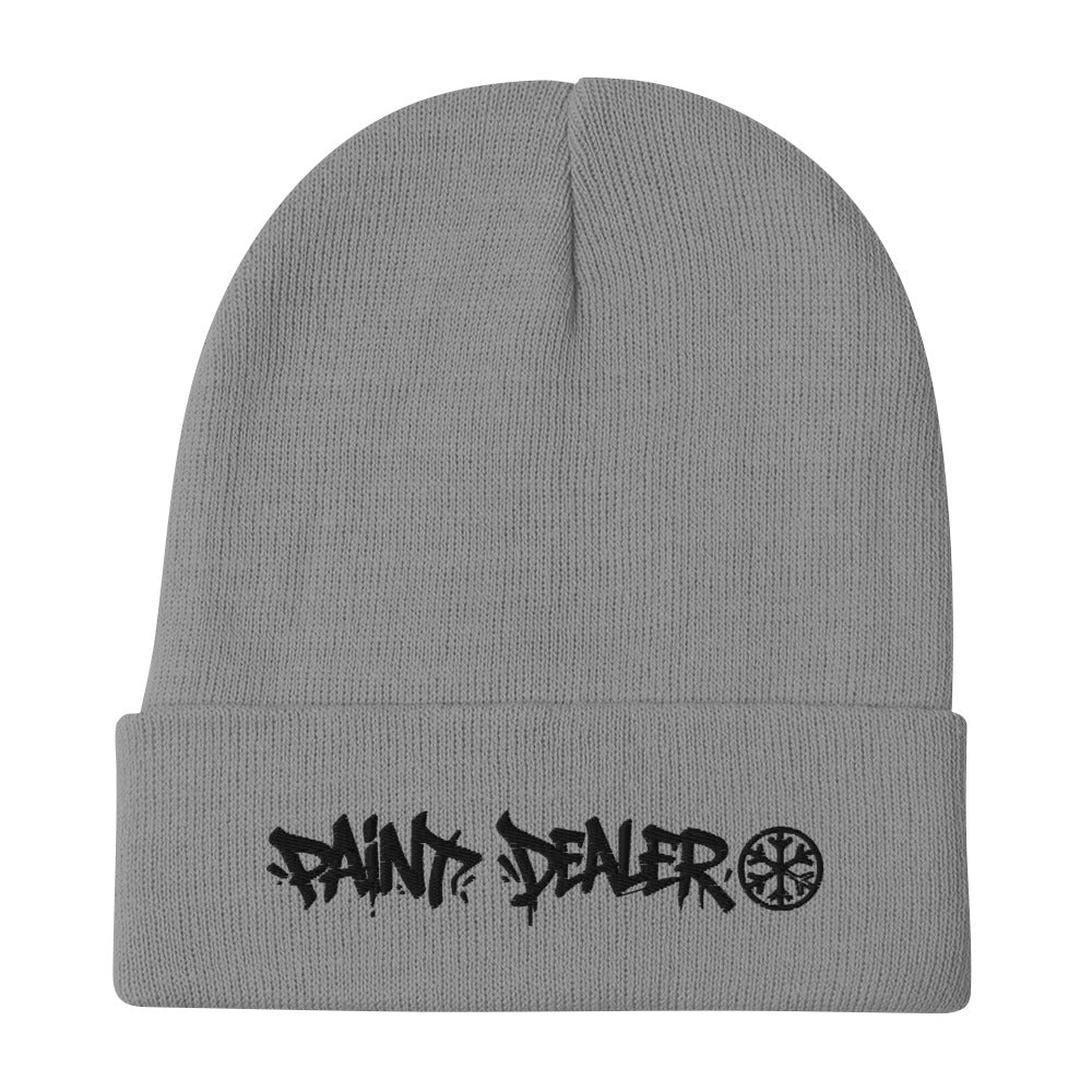 Gray-Paint Dealer Graffiti Tag Beanie Hat from B.Different Clothing, flat view, graffiti-inspired streetwear