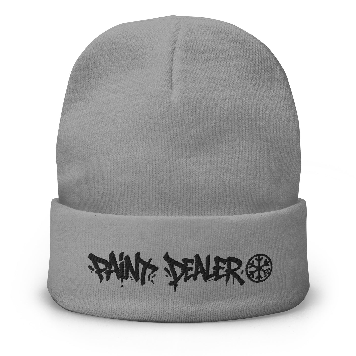 Gray-Paint Dealer Graffiti Tag Beanie Hat from B.Different Clothing, front view, graffiti-inspired streetwear