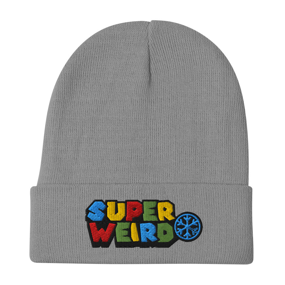 Gray-Super Weird Beanie Hat from B.Different Clothing, flat view, graffiti-inspired streetwear
