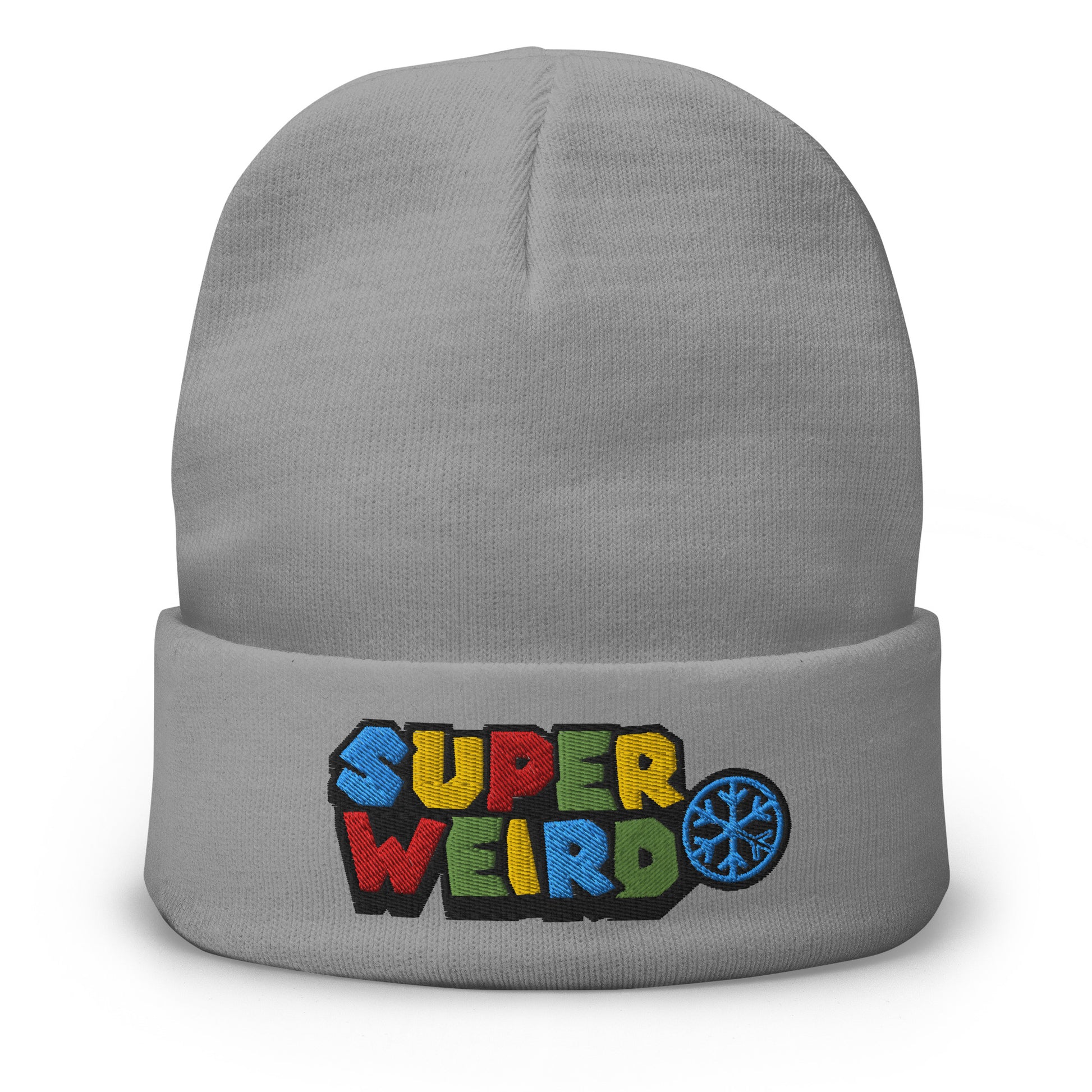 Gray-Super Weird Beanie Hat from B.Different Clothing, front view, graffiti-inspired streetwear
