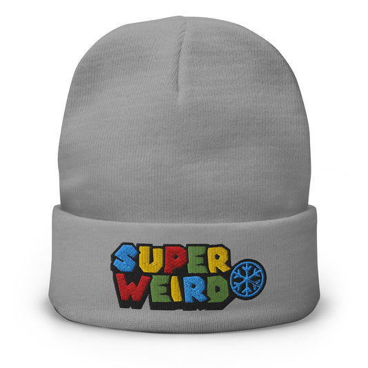 Gray-Super Weird Beanie Hat from B.Different Clothing, front view, graffiti-inspired streetwear