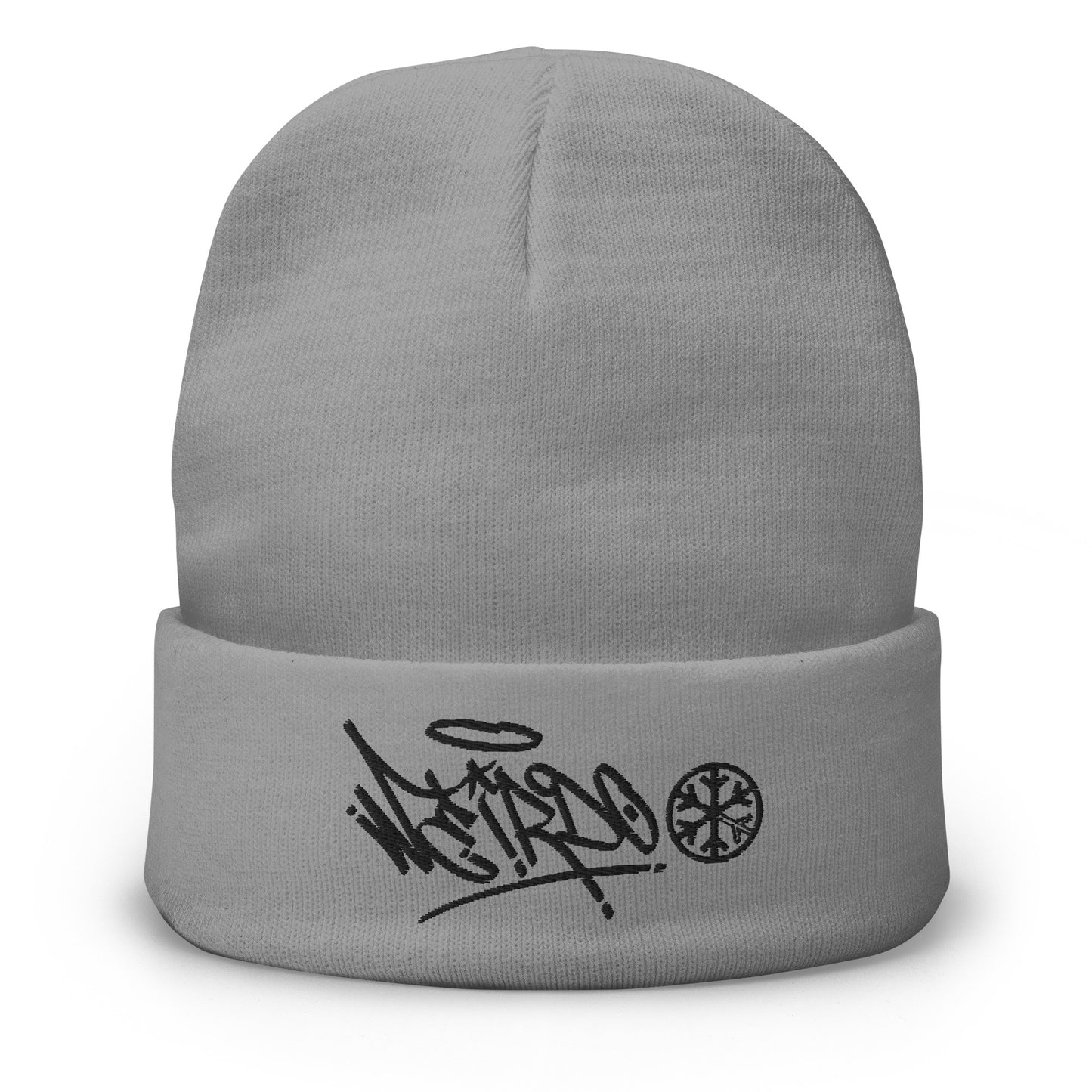 Gray-Weirdo Graffiti Tag Beanie Hat from B.Different Clothing, front view, graffiti-inspired streetwear