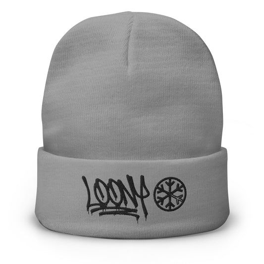 Gray-Loony Graffiti Tag Beanie Hat from B.Different Clothing, front view, graffiti-inspired streetwear