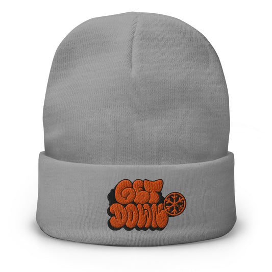 Gray-Get Down Graffiti Throw-up Beanie Hat from B.Different Clothing, front view, graffiti-inspired streetwear