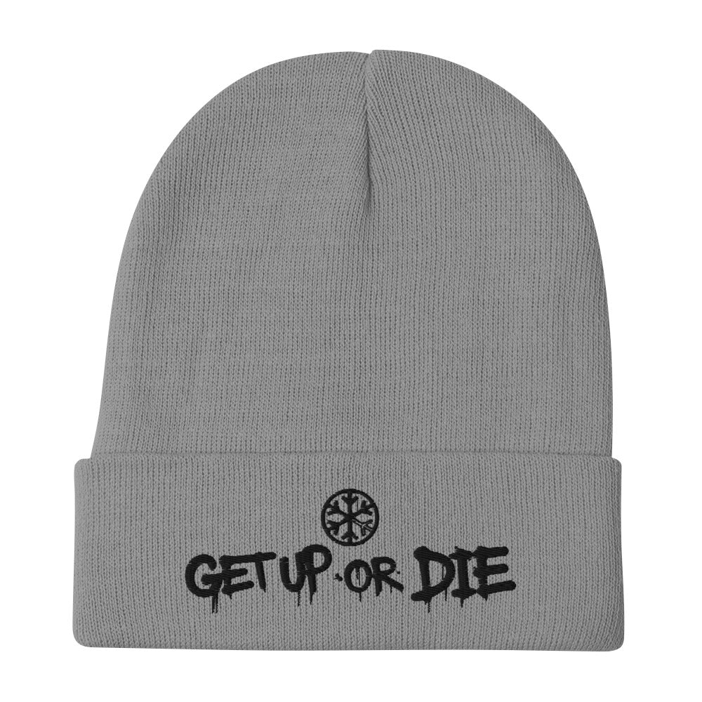 Gray-Get Up or Die Graffiti Beanie Hat from B.Different Clothing, flat view, graffiti-inspired streetwear