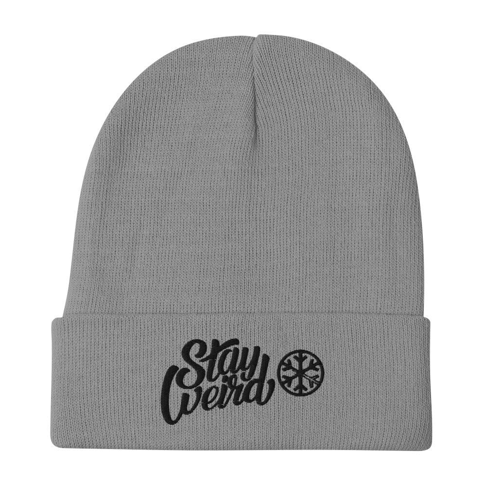Gray-Stay Weird Beanie Hat from B.Different Clothing, flat view, graffiti-inspired streetwear