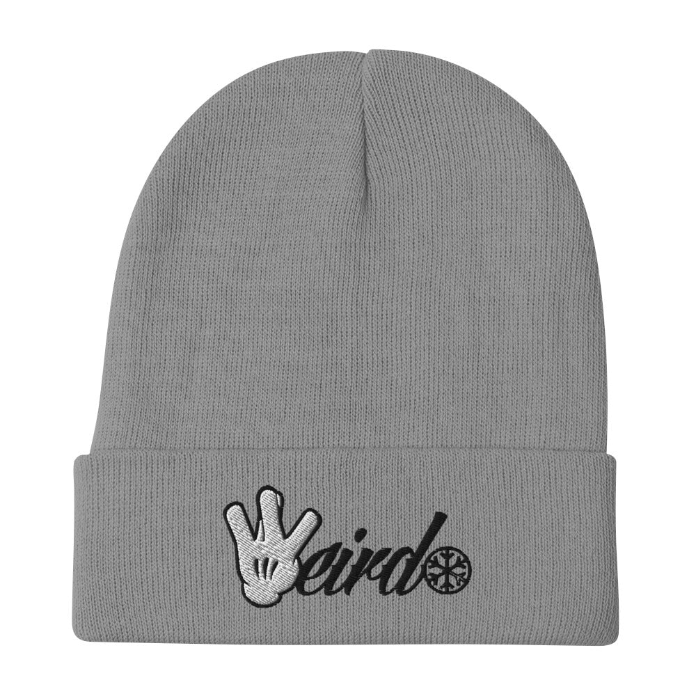 Gray-Weirdo Hand Sign Beanie Hat from B.Different Clothing, flat view, graffiti-inspired streetwear