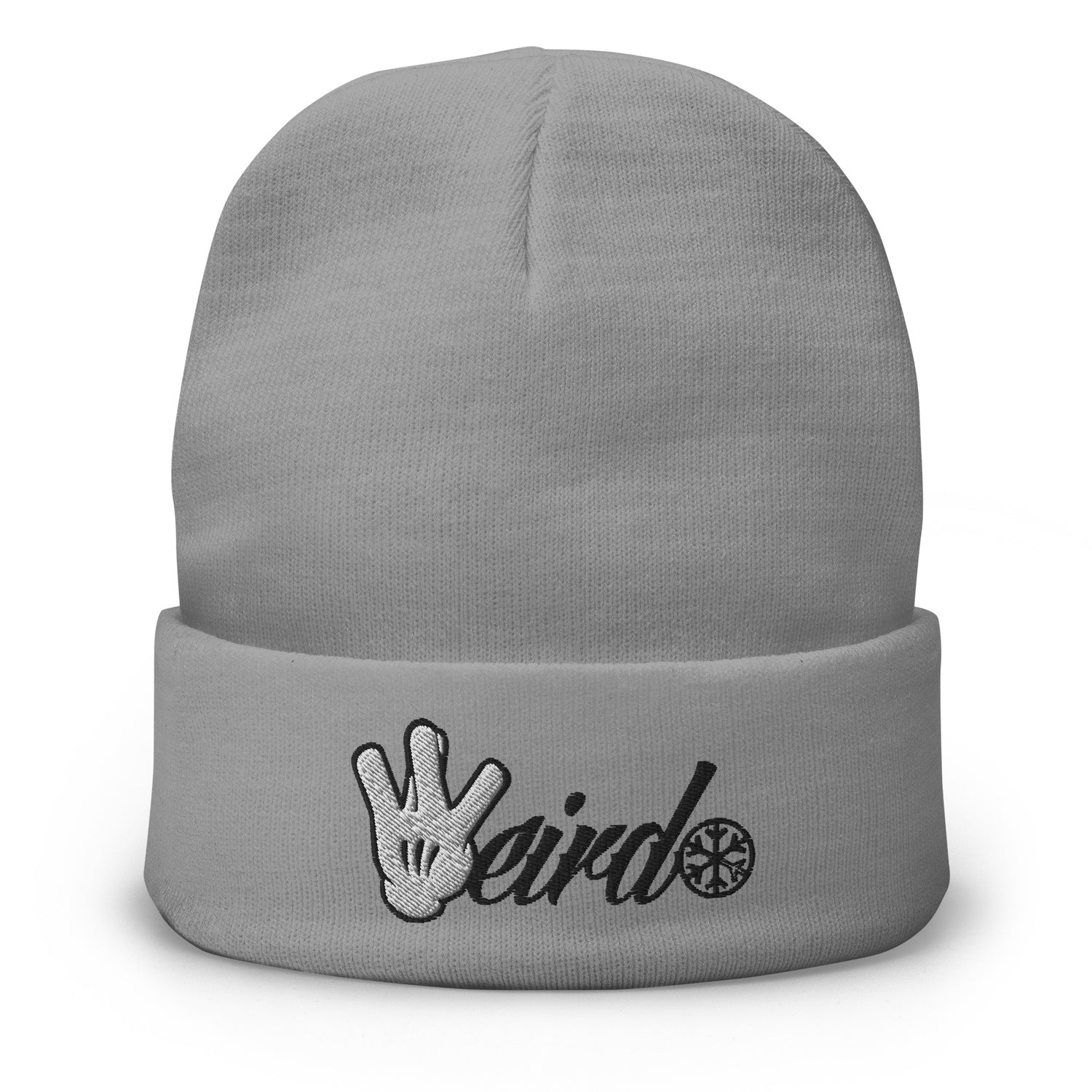 Gray-Weirdo Hand Sign Beanie Hat from B.Different Clothing, front view, graffiti-inspired streetwear