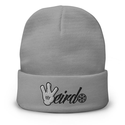 Gray-Weirdo Hand Sign Beanie Hat from B.Different Clothing, front view, graffiti-inspired streetwear