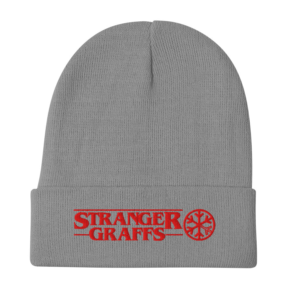 Gray-Stranger Graffs Beanie Hat from B.Different Clothing, flat view, graffiti-inspired streetwear