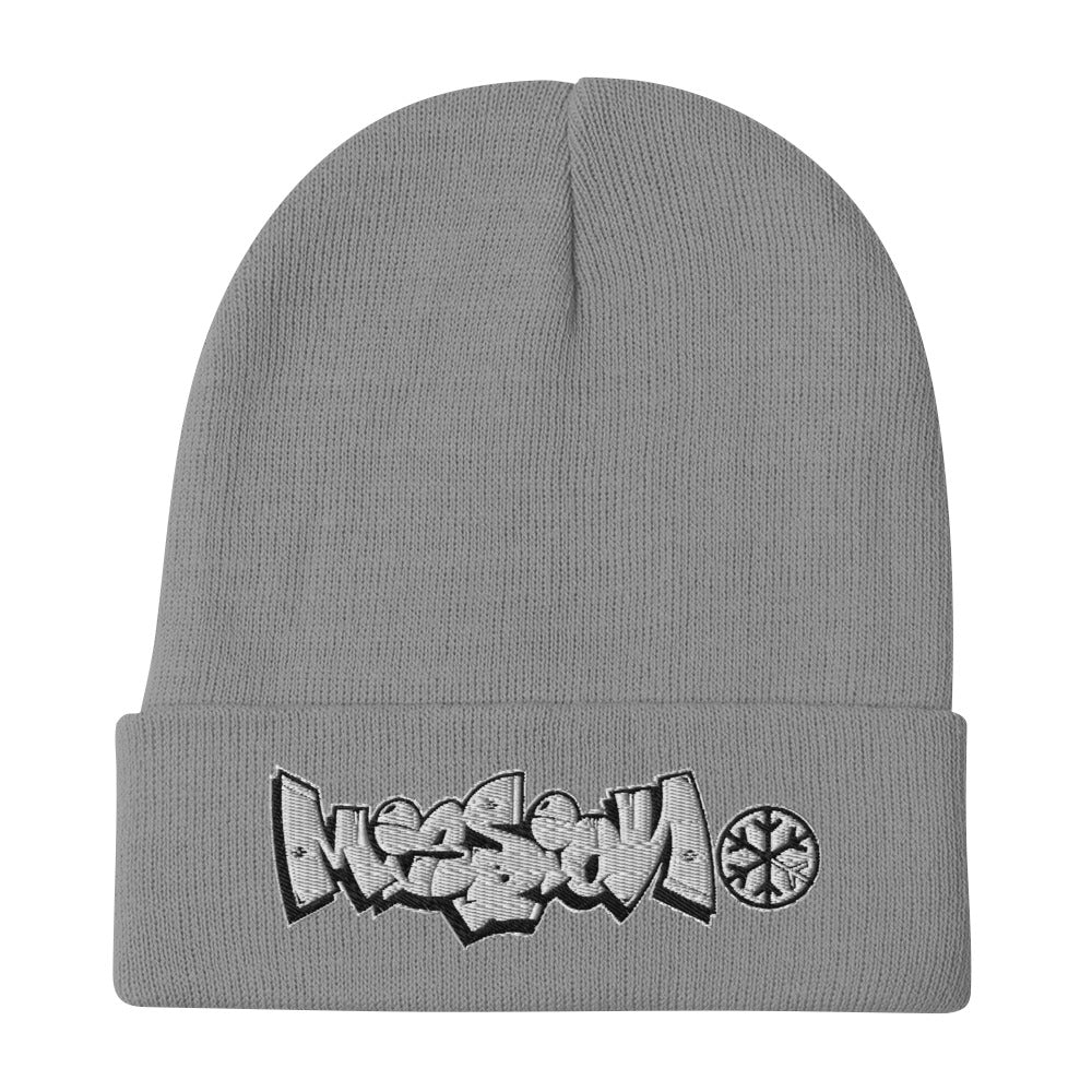 Gray-Mission Graffiti Piece Beanie Hat from B.Different Clothing, flat view, graffiti-inspired streetwear