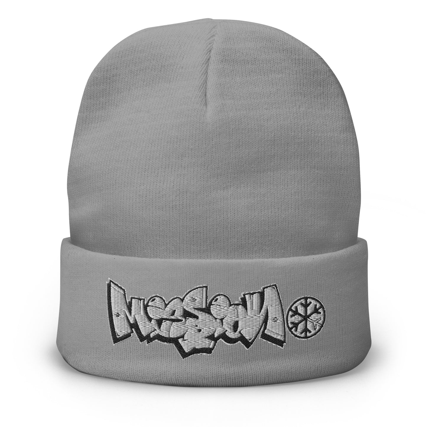 Gray-Mission Graffiti Piece Beanie Hat from B.Different Clothing, front view, graffiti-inspired streetwear