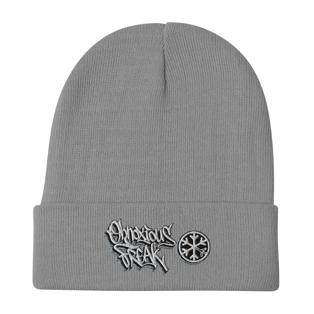 Gray-Obnoxious Freak Graffiti Beanie Hat from B.Different Clothing, flat view, graffiti-inspired streetwear