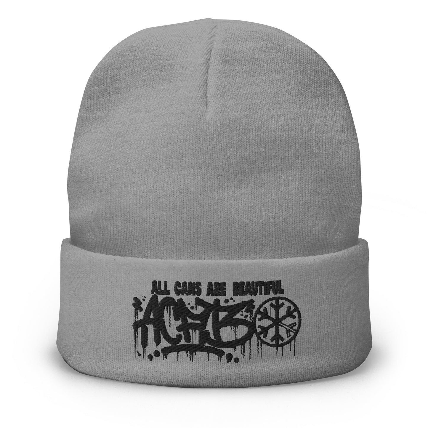 Gray-ACAB Graffiti Tag Beanie Hat from B.Different Clothing, front view, graffiti-inspired streetwear