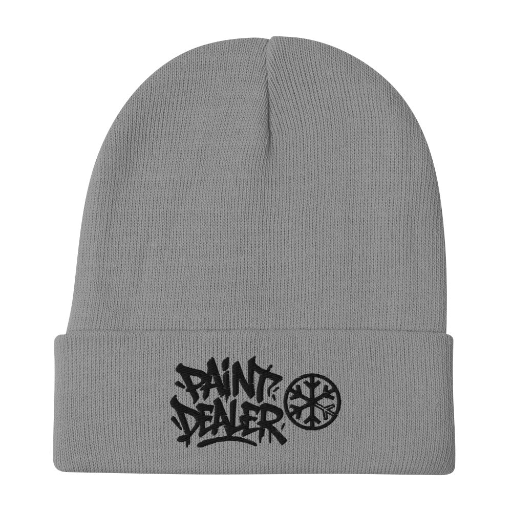 Gray-Paint Dealer Graffiti Tag Beanie Hat from B.Different Clothing, flat view, graffiti-inspired streetwear