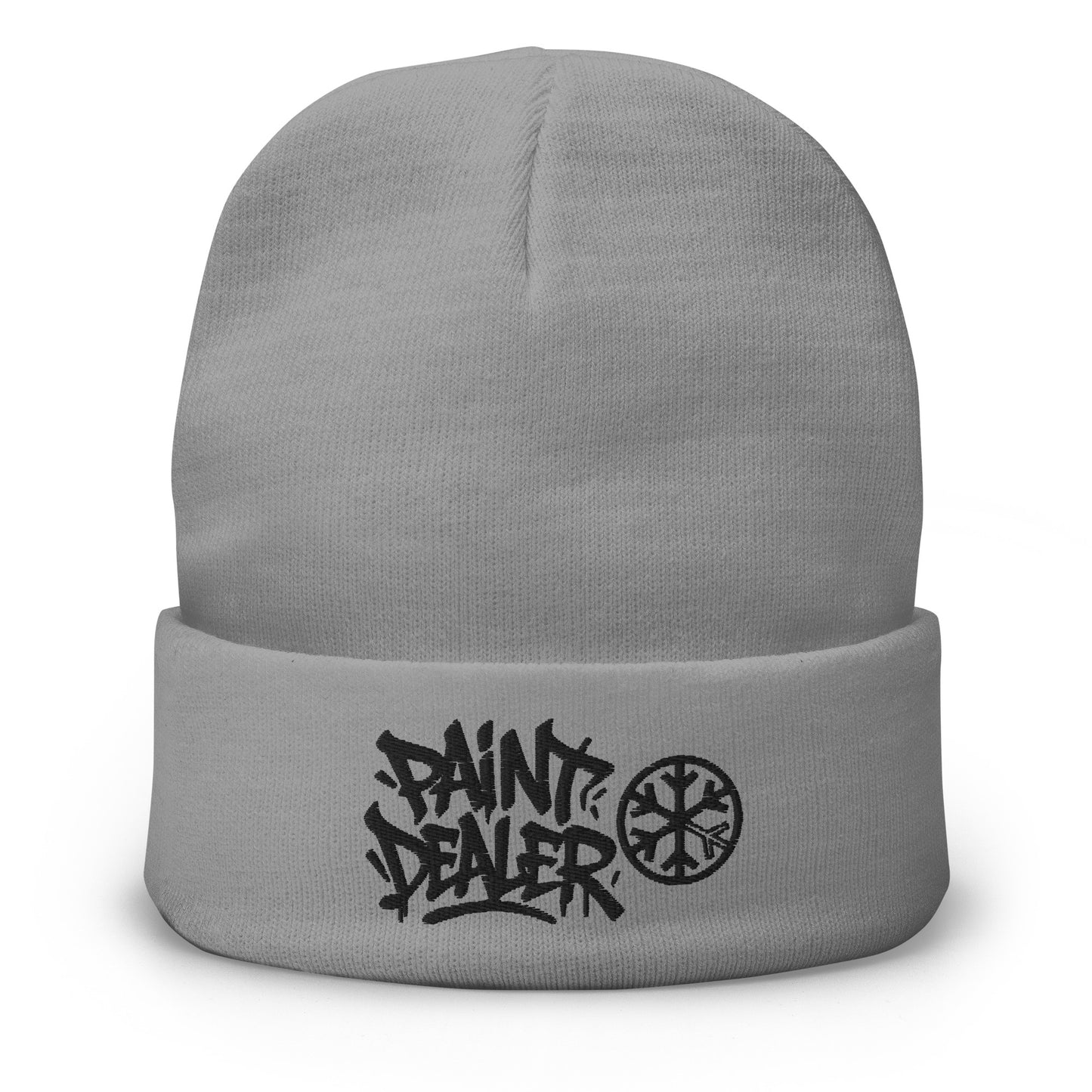 Gray-Paint Dealer Graffiti Tag Beanie Hat from B.Different Clothing, front view, graffiti-inspired streetwear