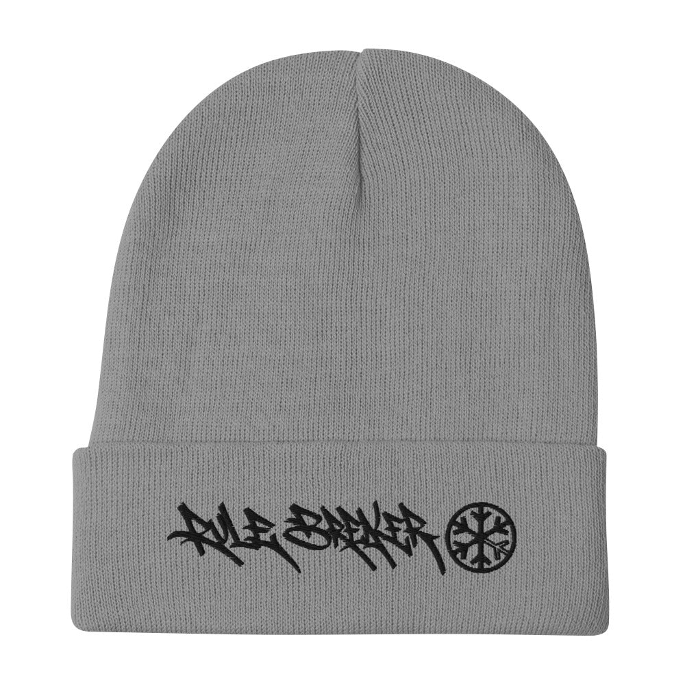 Gray-Rule Breaker Graffiti Tag Beanie Hat from B.Different Clothing, flat view, graffiti-inspired streetwear