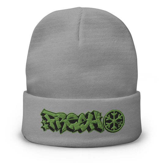 Gray-Fresh Graffiti Piece Beanie Hat from B.Different Clothing, front view, graffiti-inspired streetwear