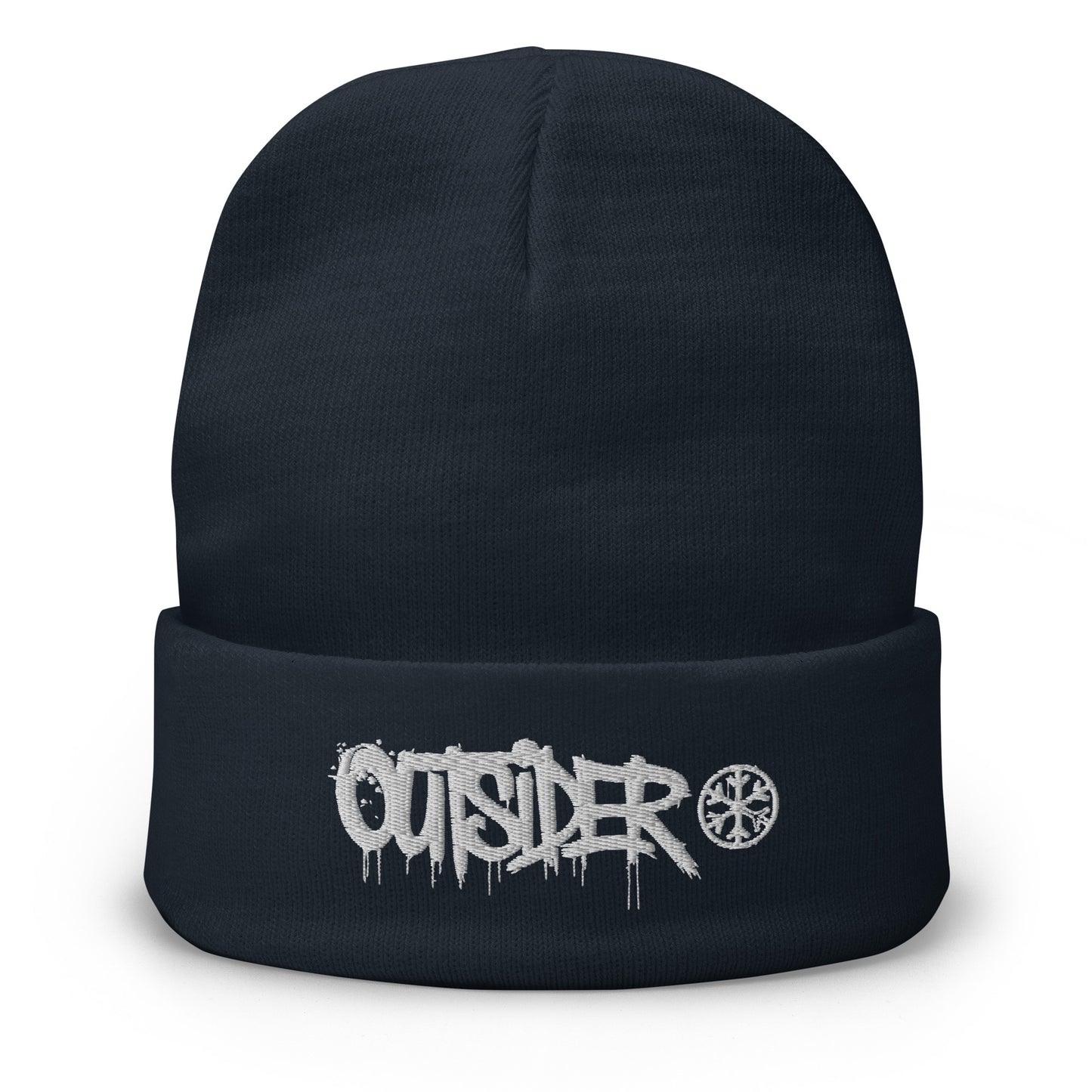 Navy-Outsider Graffiti Tag Beanie Hat from B.Different Clothing, front view, graffiti-inspired streetwear
