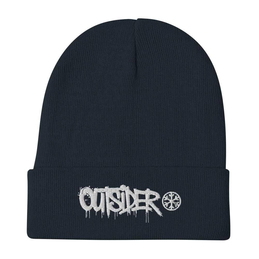 Navy-Outsider Graffiti Tag Beanie Hat from B.Different Clothing, flat view, graffiti-inspired streetwear