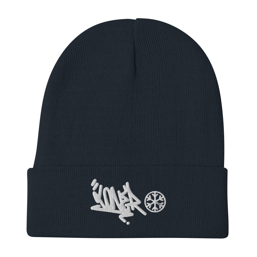 Navy-Loner Graffiti Tag Beanie from B.Different Clothing, flat view, graffiti-inspired streetwear