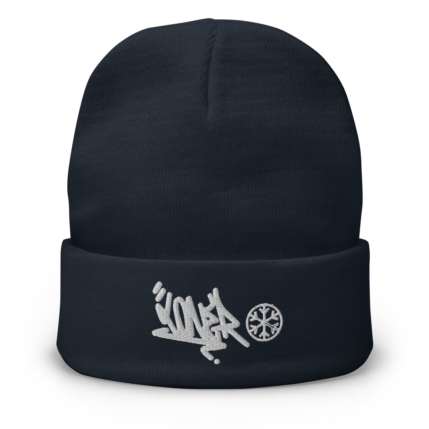 Navy-Loner Graffiti Tag Beanie from B.Different Clothing, front view, graffiti-inspired streetwear